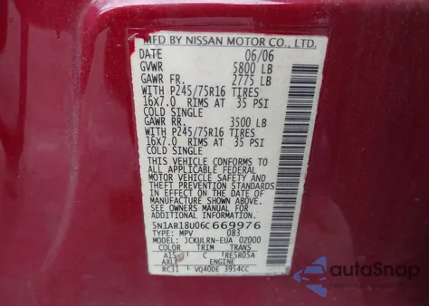 2006 Nissan Pathfinder S z USA, uszkodzony, nr VIN 5N1AR18U06C669976